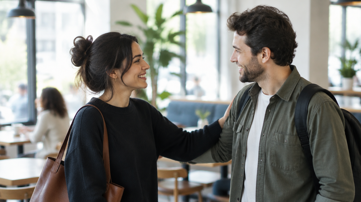 Two people greeting each other with a smile in a bright cafe