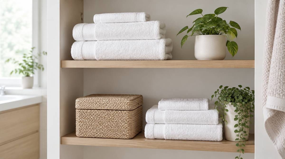 A tidy bathroom shelf with folded towels and a small storage box