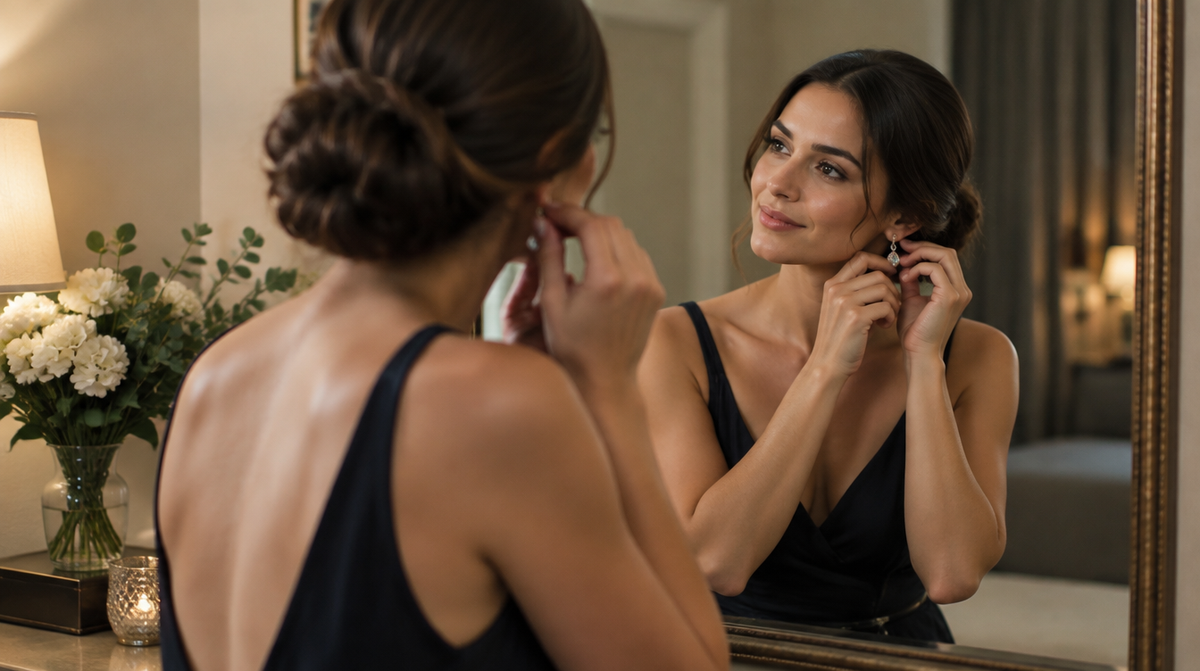 Woman getting ready for an evening event in front of a mirror