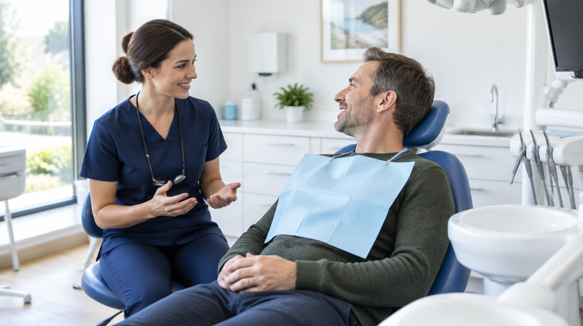 Dentist talking with a patient in a bright dental surgery